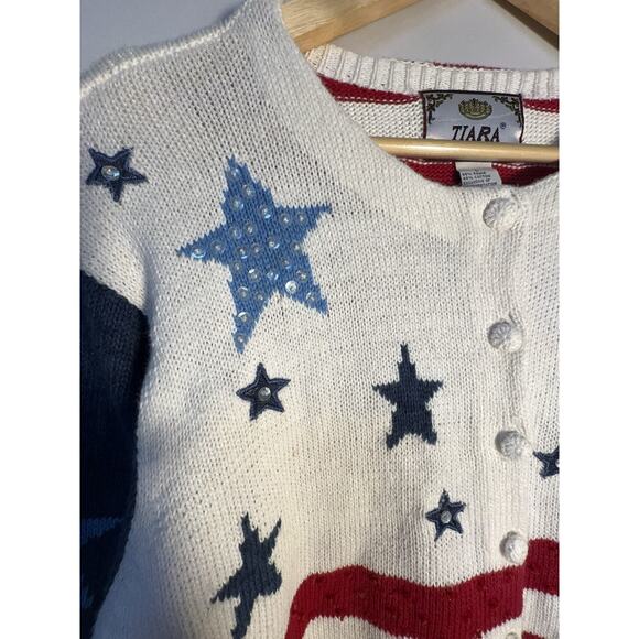 Vintage USA Flag Cardigan Sweater Stars Stripes Patriotic Cottagecore L - Picture 5 of 9